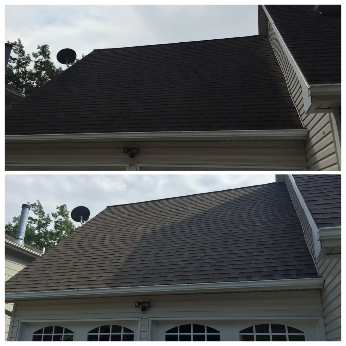 Garage roof before and after soft wash roof cleaning in Jefferson City, MO, dark with algae on top and clean below