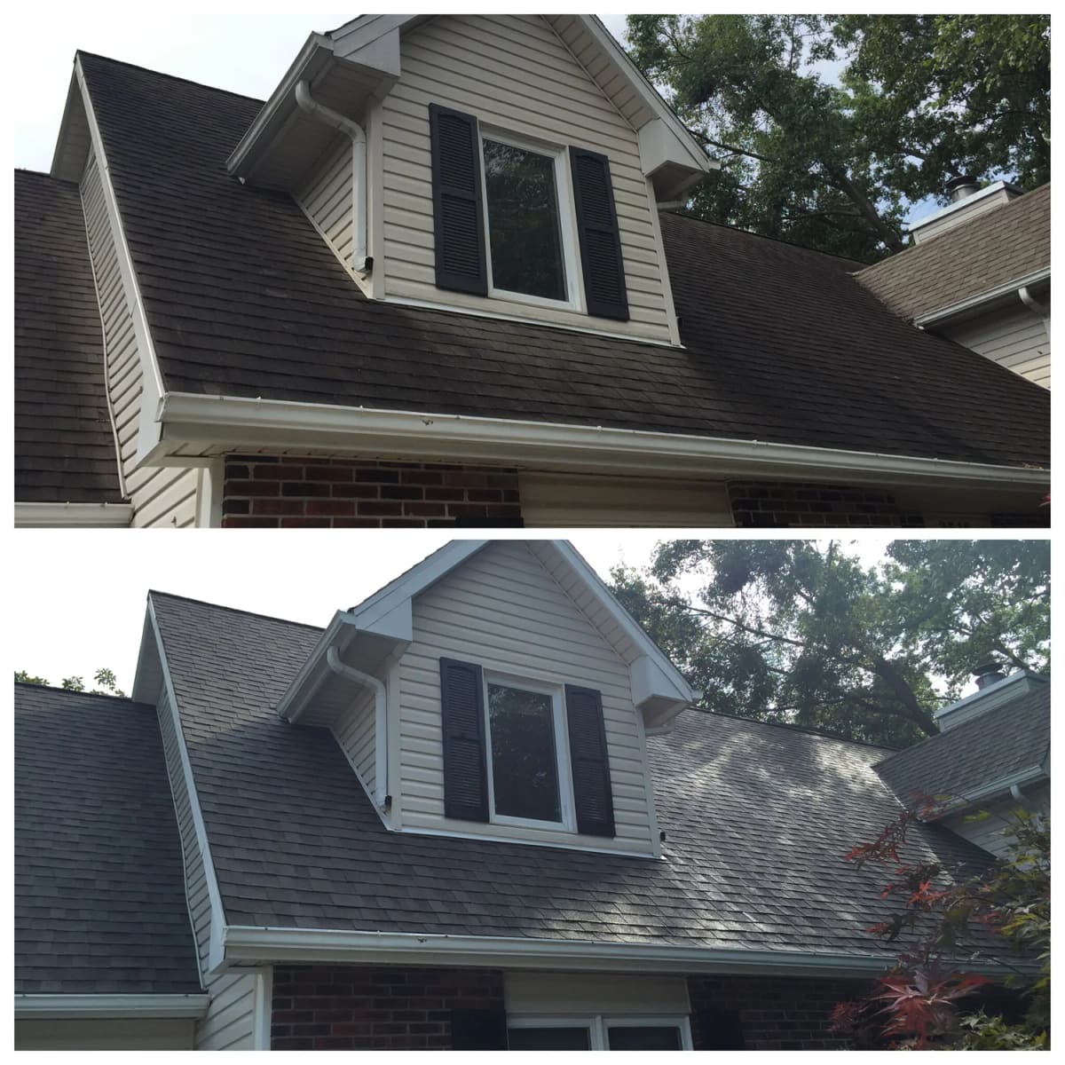 Dormer roof before and after soft wash roof cleaning in Jefferson City, MO, black streaks on top and even shingles below